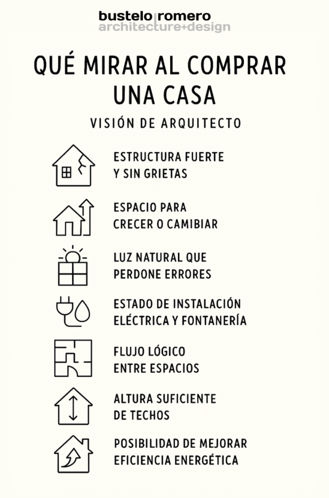 Infografía elaborada por Bustelo Romero con consejos de arquitecto sobre qué mirar al comprar una casa: distribución, orientación, instalaciones, ruido, almacenaje y reforma.