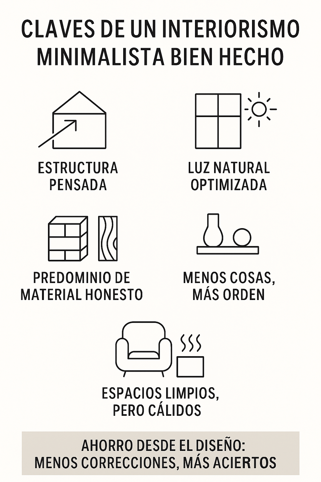 Infografía con cinco claves de interiorismo minimalista: estructura pensada, luz optimizada, materiales honestos, orden y espacios cálidos.