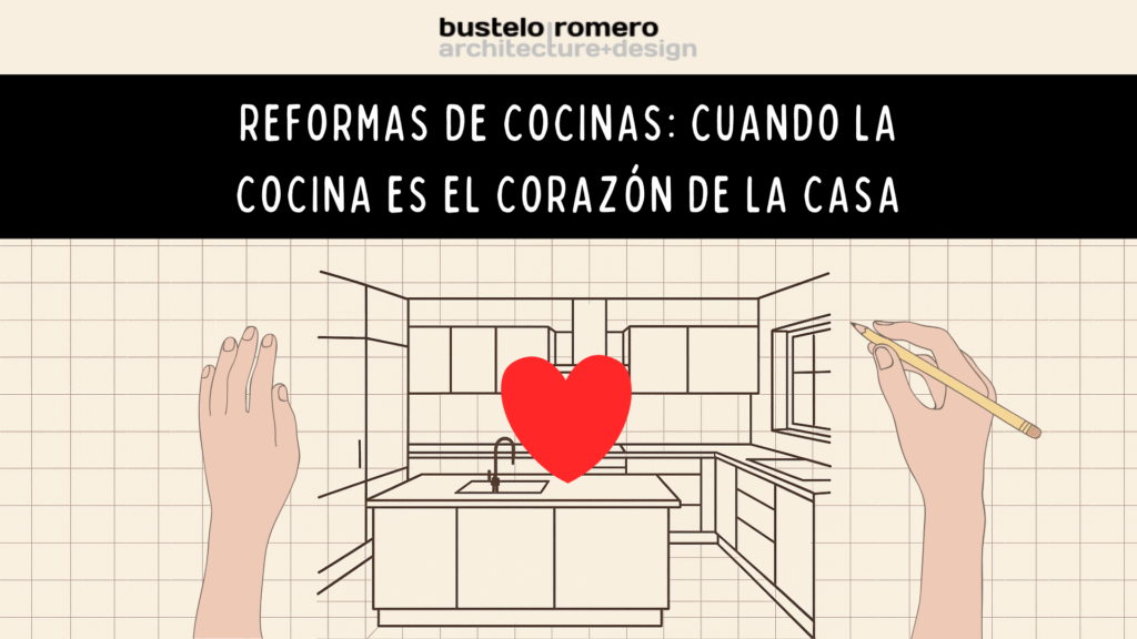 Infografía arquitectónica sobre reformas de cocinas de alta calidad en Madrid, con un corazón rojo en el centro y las manos del arquitecto trabajando a ambos lados, simbolizando la cocina como el corazón del hogar. Bustelo Romero Architecture + Design